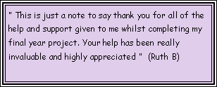 Text Box:  This is just a note to say thank you for all of the help and support given to me whilst completing my final year project. Your help has been really invaluable and highly appreciated   (Ruth B)